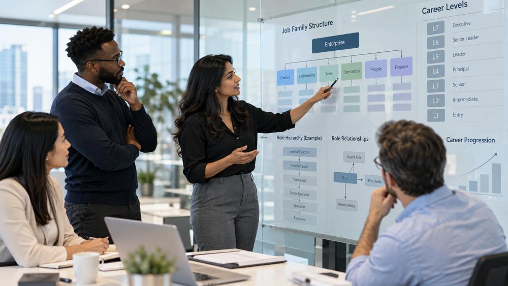 A team mapping their job family structure on a whiteboard